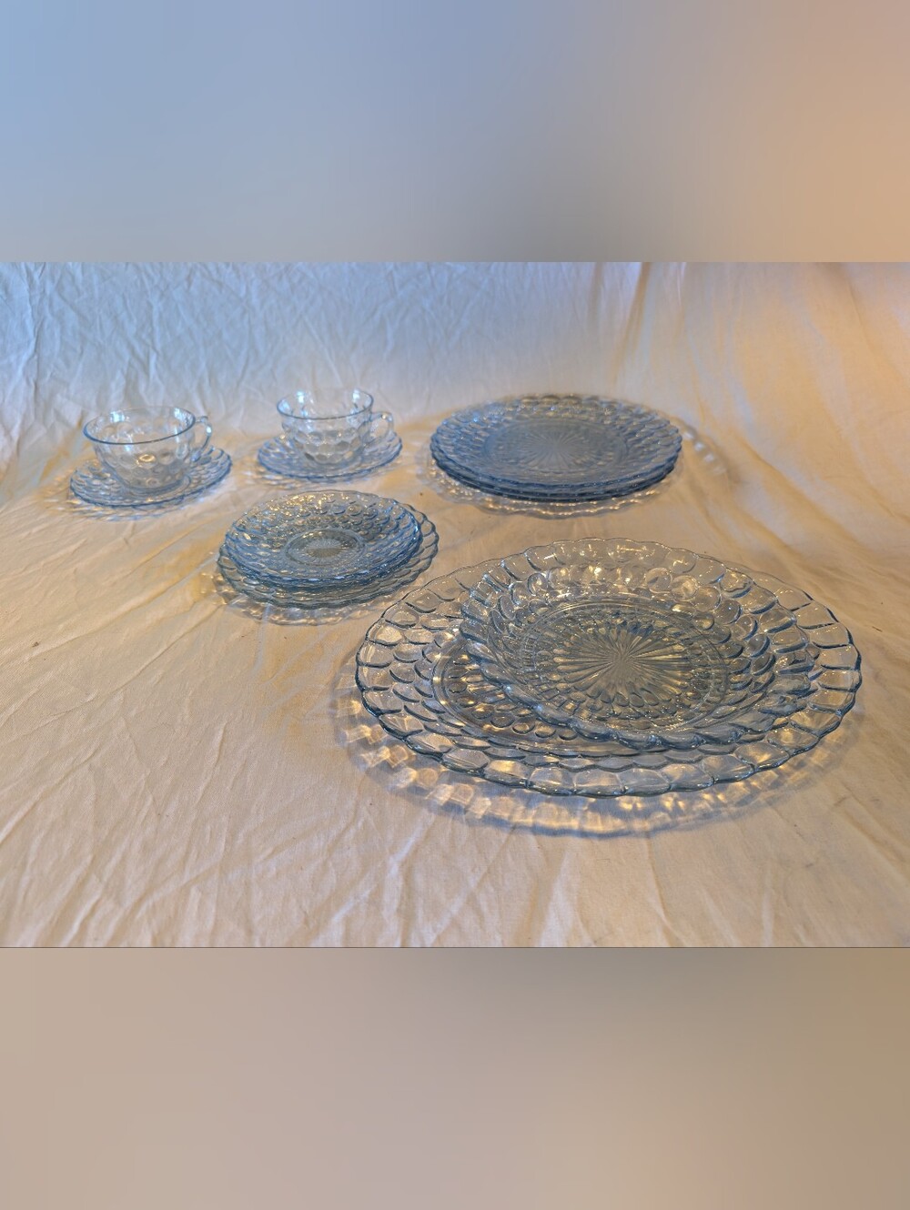2/80$ Anchor Hocking Light Blue Buble Pressed Glass Dinnerware Set